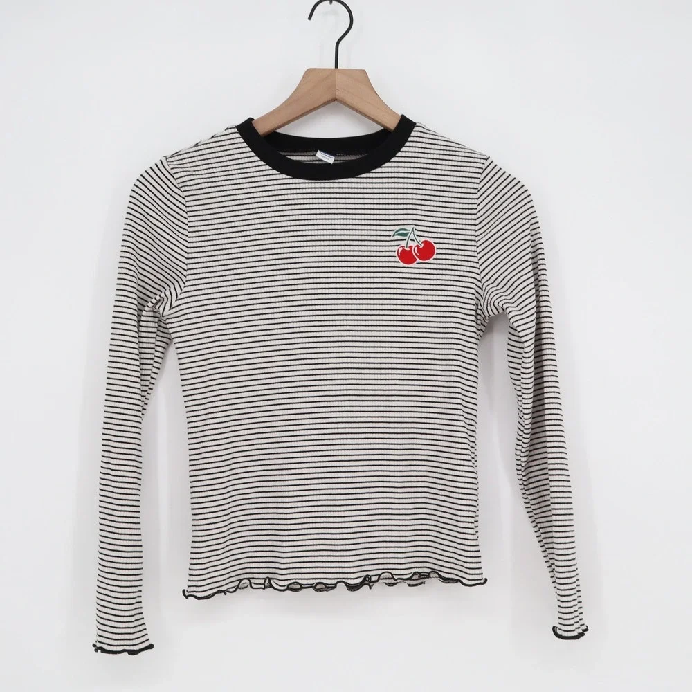 Old Navy Top Girls XL 14-16 Striped Long Sleeve Cherry Patch White Black